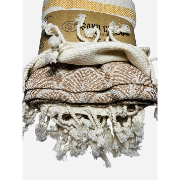 SAND CLOUD Yellow STRIPE BEACH TOWEL TURKISH Scallops ORGANIC COTTON 37"x67" - Picture 4 of 9